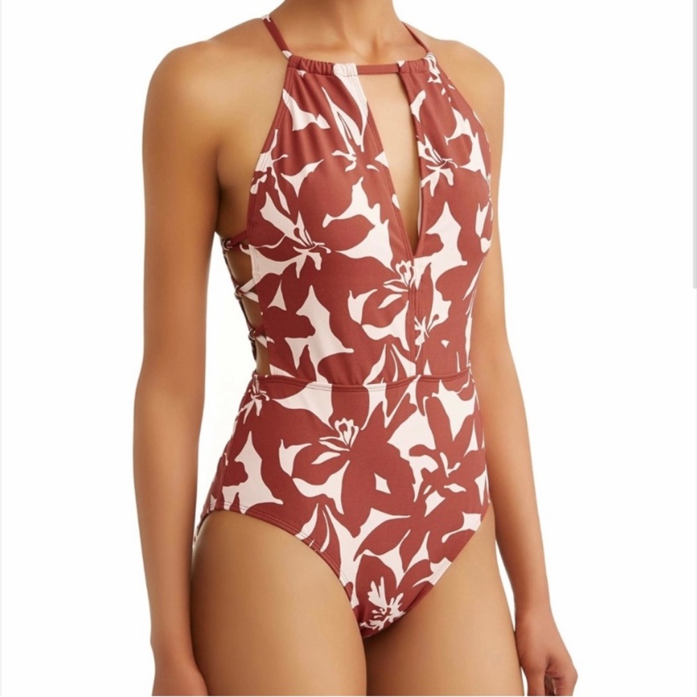 Time and Tru Women’s Hula High Neck One Piece Swimsuit XL 16-18 Abstract Floral